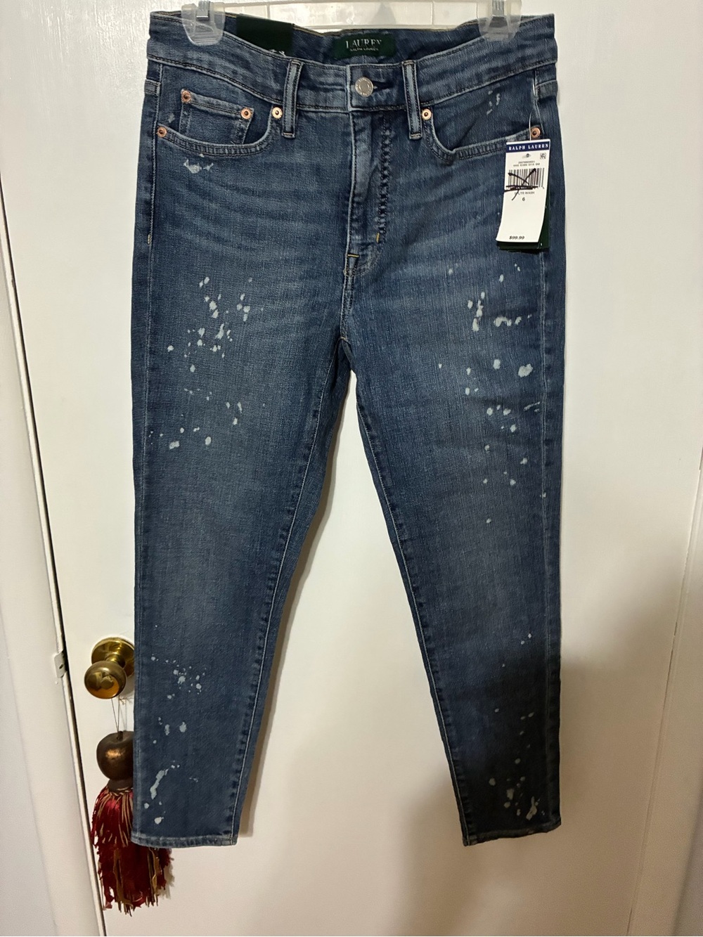 Lauren Ralph Lauren Women's Dark Blue Skinny Jeans with White Paint-Splash